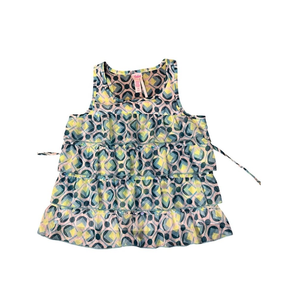 Justice Girls 16 Sleeveless Tiered Blouse Blue Lime Shimmer Ruffle Top Used - Picture 5 of 16